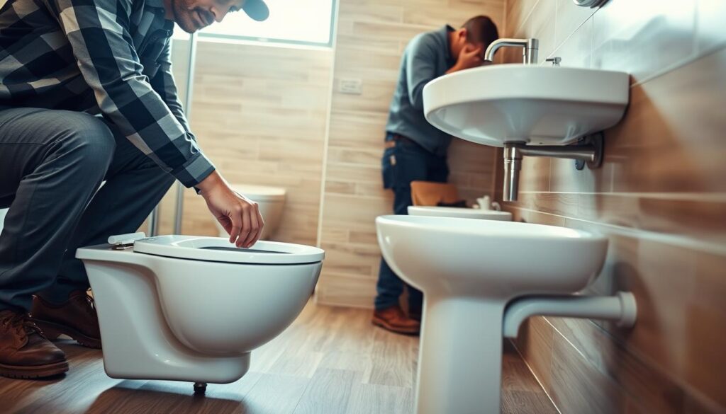 A bathroom renovation scene showcasing the step-by-step installation of sanitary fixtures. In the foreground, a plumber in a work uniform carefully mounts a sleek, modern toilet bowl onto the floor, aligning it with precision. In the middle ground, another worker meticulously connects a chrome faucet to the sink, ensuring a seamless integration. The background reveals the partially tiled walls, hinting at the overall aesthetic of the bathroom remodel. Warm, natural lighting filters in, casting a soft glow and creating a sense of progress and accomplishment. The scene conveys the skilled craftsmanship and attention to detail required for a successful bathroom renovation project.