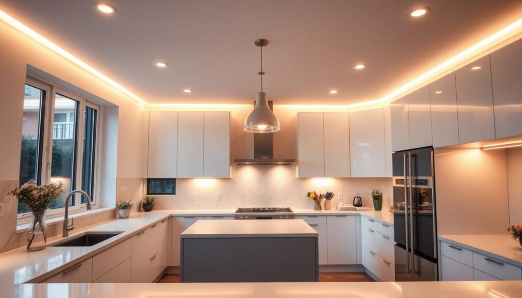 A bright, modern kitchen with sleek, recessed lighting illuminating the countertops and cabinets. Warm, ambient light softly diffuses throughout the space, creating a cozy and inviting atmosphere. Minimalist pendants above the central island provide focused task lighting, while under-cabinet lights highlight the smooth, stone backsplash. Large windows allow natural daylight to pour in, complementing the artificial lighting. The overall lighting design is both functional and aesthetically pleasing, creating a safe and visually appealing cooking environment.