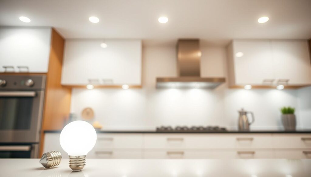 A brightly lit kitchen countertop, showcasing an array of energy-efficient LED light bulbs. The bulbs cast a warm, inviting glow, illuminating the modern, minimalist kitchen design. In the foreground, a single LED bulb shines, its sleek, cylindrical shape highlighting the technological advancements in lighting. In the middle ground, a series of recessed LED fixtures are embedded into the ceiling, providing uniform, ambient lighting throughout the space. The background features a clean, white backsplash, reflecting the LED light and creating a sense of depth and dimension. The overall scene conveys a sense of efficiency, modernity, and a commitment to sustainable, eco-friendly home design.