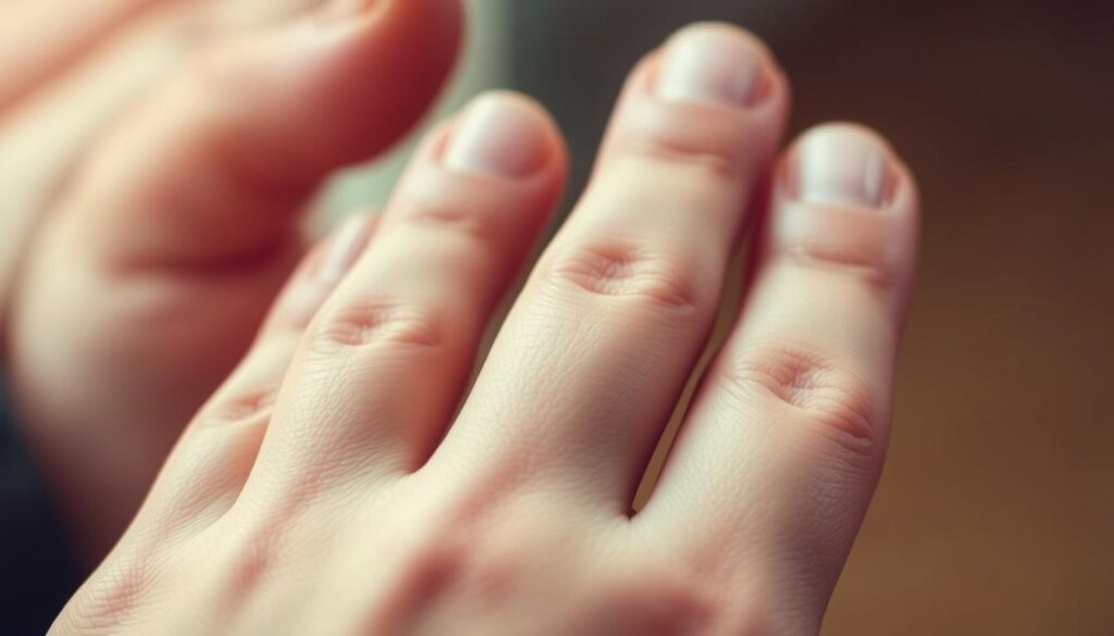 A close-up photograph of a human hand, with the fingernails prominently displayed. The nails are in focus, showcasing their structure, texture, and color. The lighting is soft and diffused, creating a warm, natural appearance. The background is blurred, allowing the nails to be the central focus of the image. The composition places the fingertips in the foreground, with the knuckles and hand partially visible in the middle ground. The overall mood is one of attention to detail and emphasis on the key elements of nail health and care.