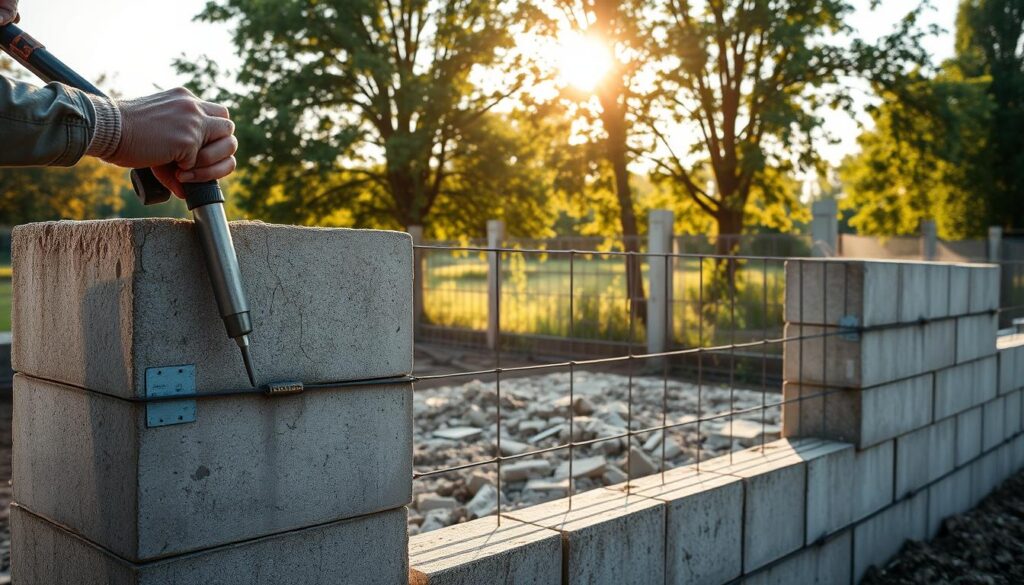 A concrete fence installation scene, showcasing the process in a serene, worksite atmosphere. In the foreground, construction workers carefully align and secure concrete fence panels, their hands grasping tools with precision. The middle ground features a partially assembled fence, its sturdy concrete blocks and metal reinforcements forming a solid, protective barrier. In the background, a lush, verdant landscape sets the scene, with sunlight gently filtering through the trees, casting a warm, natural glow over the entire composition. The overall mood is one of focused, organized construction, with a sense of craftsmanship and attention to detail. A clean, technical aesthetic pervades the image, emphasizing the practical, functional aspects of the concrete fence installation process.