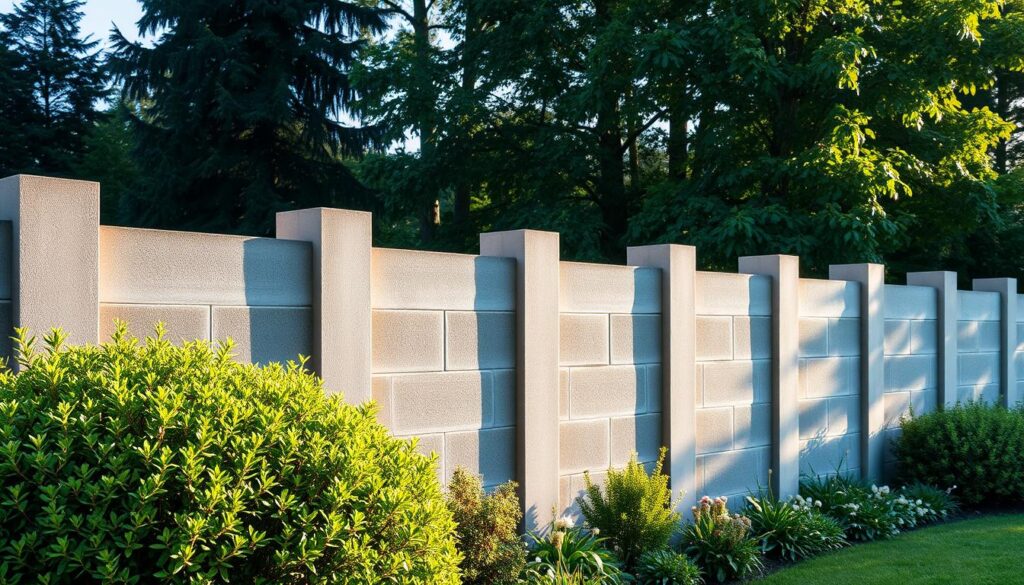 A concrete garden fence surrounded by lush greenery, bathed in warm, natural lighting. The fence's sturdy, rectangular blocks in a neutral gray tone create a sleek, modern aesthetic. The texture of the concrete is clearly visible, highlighting its durability and solidity. In the foreground, well-manicured shrubs and flowers add a touch of softness, while in the background, towering trees provide a sense of depth and privacy. The entire scene conveys a sense of tranquility, security, and cohesion between the built and natural elements.