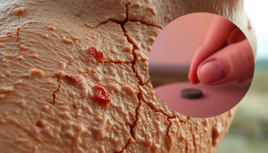 A detailed close-up of dry, flaky skin with visible cracks and dehydration. In the foreground, the skin texture is rough and uneven, with patches of redness and irritation. The middle ground shows a magnified view of the skin's surface, revealing the microscopic breakdown of the skin barrier. In the background, a faded, blurred landscape representing the environmental factors that contribute to skin dryness, such as low humidity, cold temperatures, and excessive sun exposure. The overall tone is muted and desaturated, conveying a sense of discomfort and the need for nourishment. Diffused, soft lighting from the side illuminates the intricate details of the skin's condition.