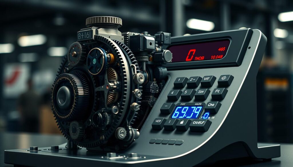 A detailed, highly mechanical digital currency calculator with precision gears, dials, and display screens. The foreground features the central calculation mechanism with intricate cogwheels, levers, and electronic modules. The middle ground showcases a sleek, minimalist housing in shades of silver and gray, with a large digital readout panel. The background is dimly lit, with a blurred industrial setting suggesting a modern office or finance environment. The overall mood is one of technological sophistication and accuracy, reflecting the precision required for online currency conversion.