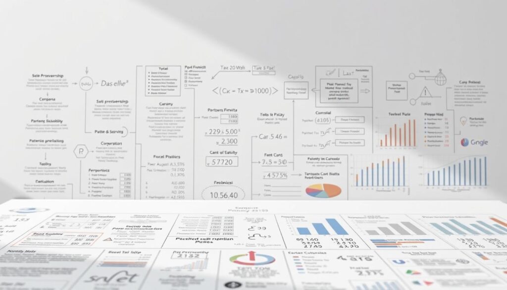 A detailed, technical illustration of various forms of business taxation, with a balanced and professional aesthetic. A foreground depicting a diverse array of common business tax structures, including sole proprietorship, partnership, corporation, and others, rendered in a clean, technical style. A middle ground showcasing calculation formulas, tax rate brackets, and other numerical data relevant to business taxation. A background of subtle, muted colors and geometric patterns that evoke the organized, systematic nature of taxation. Soft, directional lighting casts a sense of depth and emphasizes the informative, educational nature of the image. A lens that captures a wide, comprehensive view of the subject matter.