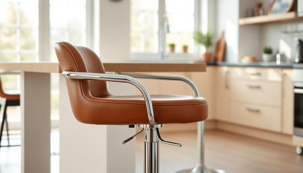 A high-quality bar stool with adjustable height, precision-engineered for optimal ergonomics and modern kitchen aesthetics. Sleek chrome frame with a plush, upholstered leather seat in a rich, warm brown. The stool is positioned in a bright, airy kitchen, bathed in soft, natural light streaming through large windows. A minimalist, Scandinavian-inspired interior design frames the versatile, height-adjustable bar stool, highlighting its elegant form and functional features. The stool's adjustability allows it to seamlessly integrate with kitchen countertops of varying heights, delivering both comfort and style to the hardworking home chef.