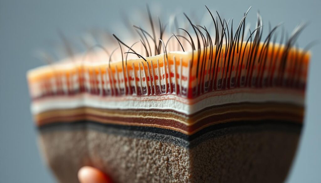A highly detailed, close-up cross-section of the human scalp and hair structure, showcasing the intricate layers of the skin, follicles, and emerging hair strands. The image should be rendered with photorealistic precision, capturing the subtle textures, colors, and contours of the scalp's epidermis, dermis, and hypodermis, as well as the delicate fibers of the hair shaft, cuticle, cortex, and medulla. The lighting should be soft and diffused, creating a sense of clarity and scientific examination, while the depth of field should isolate the focal point and blur the background, emphasizing the subject's technical and structural beauty. The overall mood should convey a sense of exploration and understanding of the fundamental building blocks of healthy, professional-grade hair.