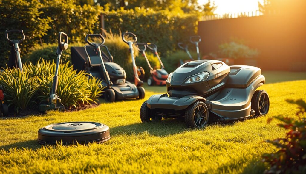 A lush garden bathed in warm afternoon sunlight, showcasing an assortment of lawn mowing equipment. In the foreground, a sleek, autonomous robot mower silently navigates the neatly trimmed grass, while in the middle ground, a powerful riding mower with gleaming chrome details speeds across the lawn, its metal blades efficiently cutting through the verdant foliage. In the background, a collection of traditional push mowers and electric trimmers stand ready, their diverse designs and capabilities on display. The scene exudes a sense of efficiency and technological progress, perfectly capturing the essence of the "Kosiarki, traktorki koszące i roboty koszące" section of the article.
