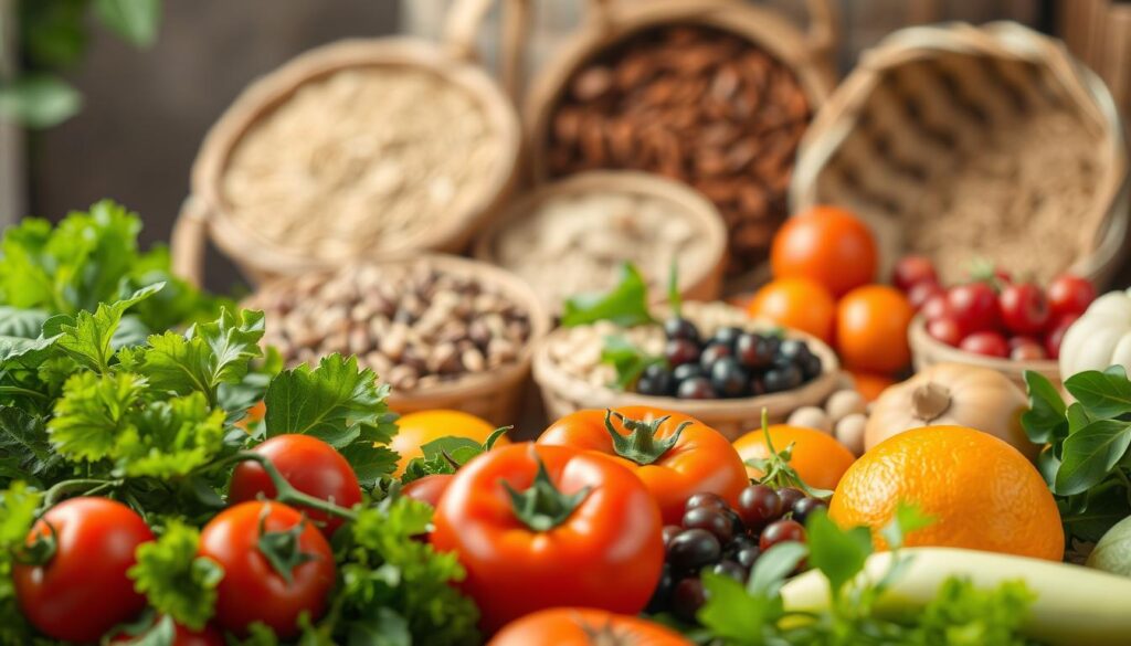 A lush, natural still life showcasing a variety of healthy, organic food products. In the foreground, an arrangement of fresh vegetables and fruits – bright red tomatoes, crisp green lettuce leaves, juicy oranges, and vibrant berries. Slightly blurred in the middle ground, various grains, nuts, and seeds in woven baskets. In the background, a soft, warm light highlights the natural textures and colors, creating a serene, earthy atmosphere. The scene conveys a sense of wholesome nourishment and connection to the earth. Captured with a shallow depth of field and a gentle lens flare, evoking a timeless, rustic aesthetic.