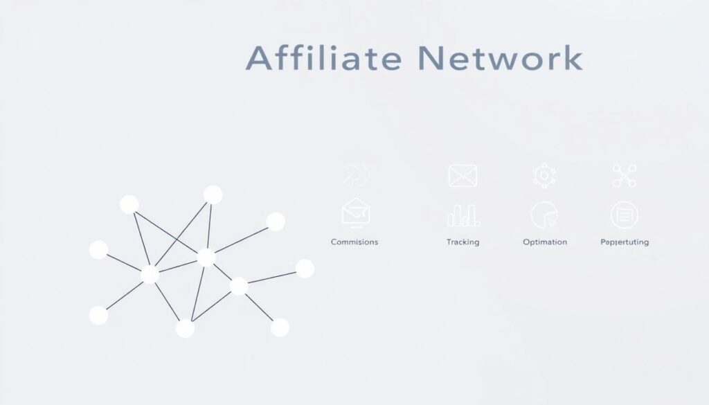 A modern, minimalist illustration depicting the functions of an affiliate network. In the foreground, a stylized network diagram with nodes and connecting lines, symbolizing the interconnected nature of the affiliate system. The midground features simple geometric shapes and icons representing key affiliate marketing concepts such as commissions, tracking, and optimization. The background is a subtle gradient, creating a clean, professional atmosphere. The overall style is sleek and elegant, with a focus on conveying the core functionality of an affiliate network through a visually striking and informative composition.