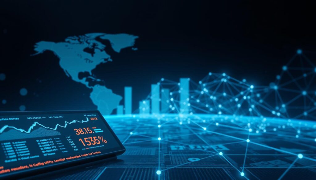 A modern, minimalist illustration of international currency sources and their influence on the foreign exchange market. In the foreground, a digital display shows live currency rates and fluctuations. The middle ground features abstract geometric shapes and patterns representing the complex global financial system. In the background, a network of interconnected nodes and lines symbolizes the data flows and information exchanges that drive currency valuations. The lighting is cool-toned and cinematic, creating a sense of technological sophistication. The composition uses a wide, panoramic angle to convey the sweeping scale and interconnectivity of the foreign exchange landscape.