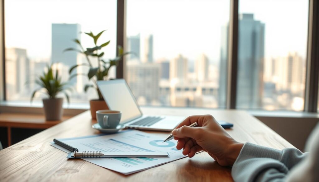 A modern, minimalist office space with a wooden desk, a laptop, and a potted plant. The desk is positioned in front of a large window overlooking a cityscape, bathed in warm, natural lighting. On the desk, there are financial documents, a pen, and a cup of coffee. In the foreground, a person's hands are visible, holding a pen and making notes. The background is blurred, creating a sense of focus on the investment-related items on the desk. The overall atmosphere conveys a sense of professionalism, productivity, and financial analysis.