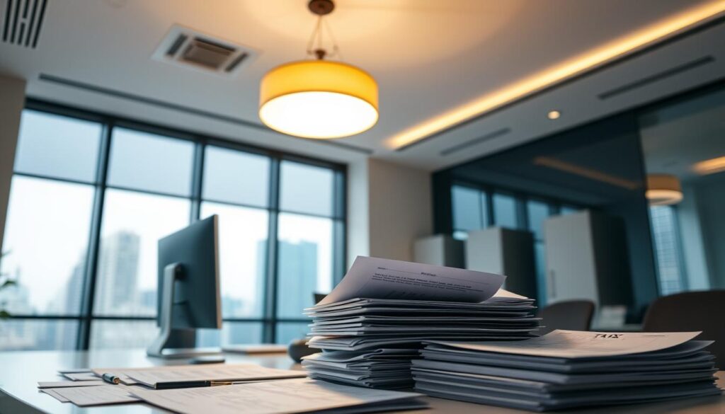 A modern office interior with a wide, organized desk and a desktop computer. Overhead, a bright ceiling lamp illuminates the scene with a warm, focused light. In the foreground, a variety of tax-related documents and folders are neatly arranged, hinting at the task of tax filing. The background features a large window overlooking a cityscape, suggesting the connection between the office work and the broader economic context. The overall mood is one of focus, efficiency, and the responsible management of financial obligations.