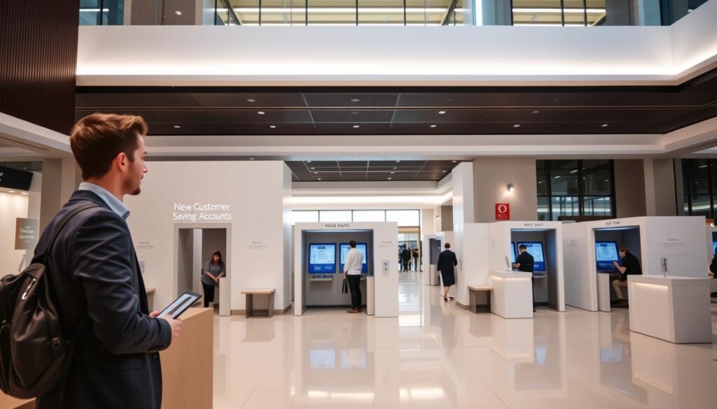A modern, well-lit banking hall with sleek, minimalist interior design. In the foreground, a young customer is speaking with a bank teller, both wearing professional attire. On the walls, discreet signage highlights "New Customer Savings Accounts" in a neutral color palette. The middle ground features several individual banking pods, where other customers are being assisted. The background showcases the bank's sophisticated architecture, with high ceilings, large windows, and a sense of openness and transparency. The overall atmosphere conveys trustworthiness, approachability, and a commitment to serving the financial needs of new clients.