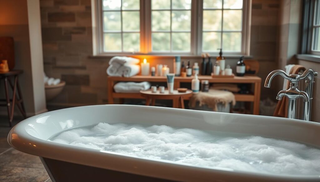 A relaxing and rejuvenating bathing scene showcasing the self-care routine for dry skin. In the foreground, a luxurious claw-foot bathtub filled with steaming water and a variety of moisturizing bath salts and oils. Soft, diffused lighting creates a warm, soothing atmosphere. In the middle ground, plush towels and a display of nourishing skin care products - creams, lotions, and serums - arranged on a wooden vanity. The background features a tranquil, minimalist bathroom interior with natural stone tiles and a large window letting in soft, natural light. The overall mood is one of calm, relaxation, and rejuvenation, inviting the viewer to indulge in an effective, spa-like routine for revitalizing dry, parched skin.