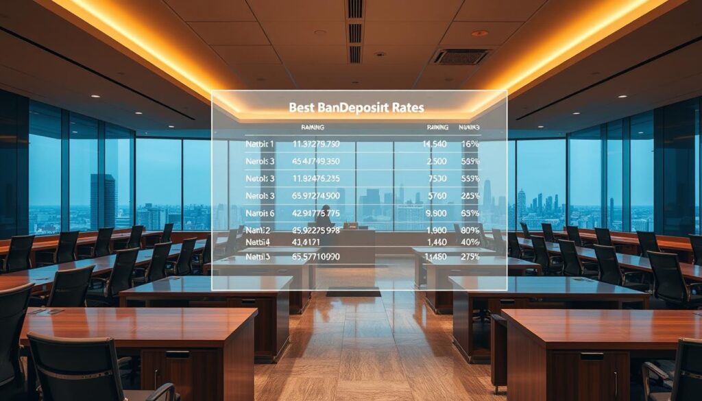 A serene banking hall with rows of polished wooden desks and sleek modern chairs. In the foreground, a holographic display shows a meticulously detailed ranking of the best banking deposit rates, presented with a clean and professional aesthetic. Warm, diffused lighting from overhead casts a soft glow, creating a sense of calm and authority. The middle ground features bank tellers assisting customers, their faces obscured to maintain privacy. In the background, floor-to-ceiling windows offer a panoramic view of a bustling city skyline, hinting at the broader financial landscape. The overall mood is one of trust, reliability, and financial expertise.