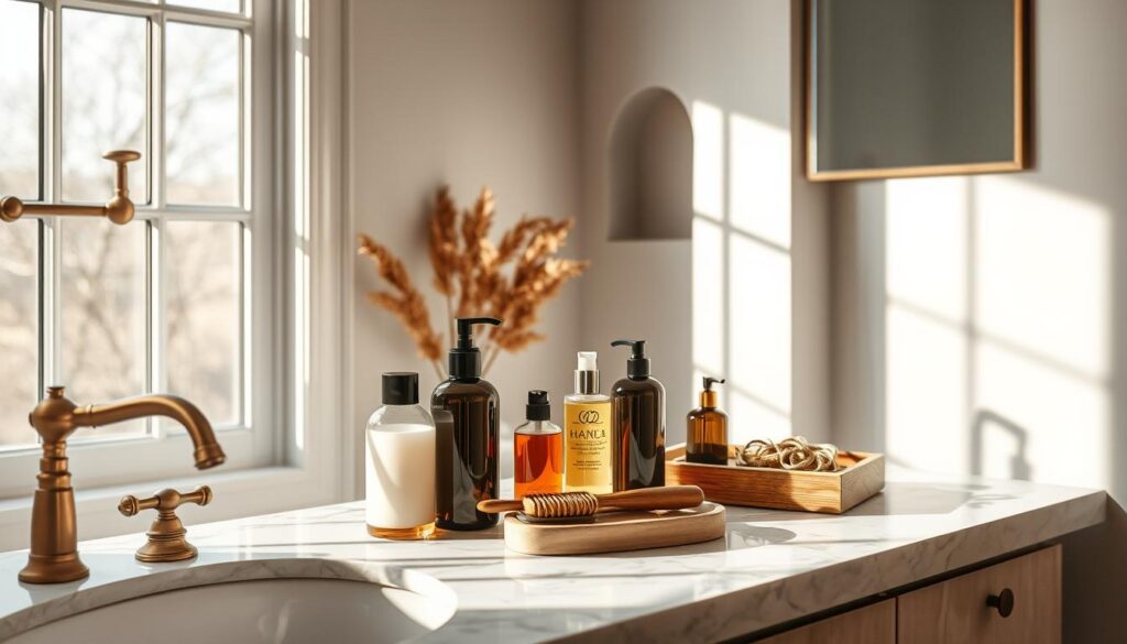 A serene bathroom interior with a marble vanity and antique brass fixtures. On the vanity, an array of haircare products - glass bottles of shampoo, conditioner, and hair oil, alongside a wooden hairbrush and a decorative tray holding hair ties and clips. Natural light streams in through a large window, casting a warm glow and highlighting the textures of the materials. In the background, a minimalist wall decor piece adds a touch of elegance. The overall atmosphere conveys a sense of tranquility and a daily self-care ritual.