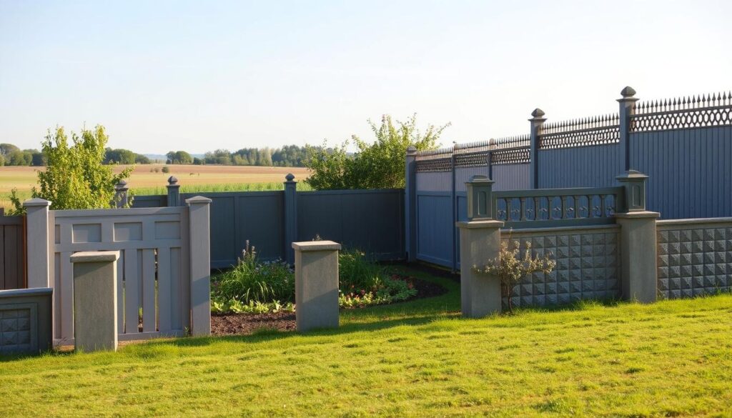 A serene landscape featuring an array of concrete fence designs, captured in a warm, natural light. In the foreground, various styles of concrete fencing - from sleek, minimalist panels to ornate, textured blocks - stand tall, showcasing their unique visual and structural qualities. In the middle ground, a well-manicured garden complements the solid, sturdy presence of the concrete structures, creating a harmonious interplay of natural and man-made elements. The background gently recedes, hinting at a tranquil, pastoral setting, allowing the focus to remain on the diverse concrete fencing options, each with its own distinct character and purpose.