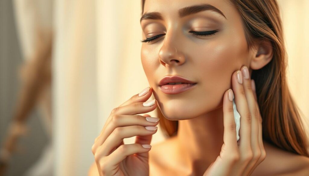 A serene, softly lit scene of a woman's hands gently massaging moisturizer into her face. The foreground features close-up details of her fingertips gliding across her dewy, radiant complexion. The middle ground shows her serene expression, eyes closed in tranquil concentration. The background is a blurred, calming interior with natural textures like linen or wood, conveying a sense of nurturing self-care. The lighting is warm and diffused, almost ethereal, highlighting the smooth, healthy glow of her skin. The overall mood is one of mindful, daily skincare ritual - a peaceful, rejuvenating moment of personal attention and nourishment.