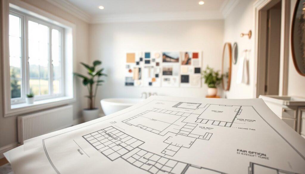 A spacious, well-lit bathroom with a serene, calming atmosphere. In the foreground, a detailed blueprint or floor plan is prominently displayed, showcasing the proposed layout and design elements for the bathroom renovation. The middle ground features a mood board filled with swatch samples, color palettes, and inspirational imagery, guiding the aesthetic choices. In the background, a window overlooking a tranquil garden or natural landscape provides a soothing, natural ambiance. Soft, diffused lighting gently illuminates the scene, creating a sense of harmony and thoughtful consideration for the upcoming bathroom makeover.