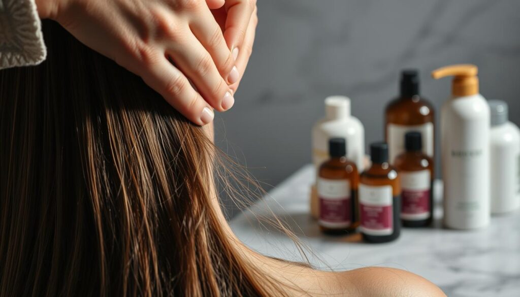 A stylishly lit close-up of an expert's hands gently massaging a woman's luxurious, healthy hair. The fingers deftly apply an aromatic, nourishing hair treatment, infused with natural oils. In the background, an array of professional haircare products, their bottles elegantly displayed on a minimalist marble or wood surface. The lighting is soft and flattering, creating a serene, spa-like atmosphere. The composition emphasizes the delicate care and attention to detail involved in the expert's hair rejuvenation techniques.