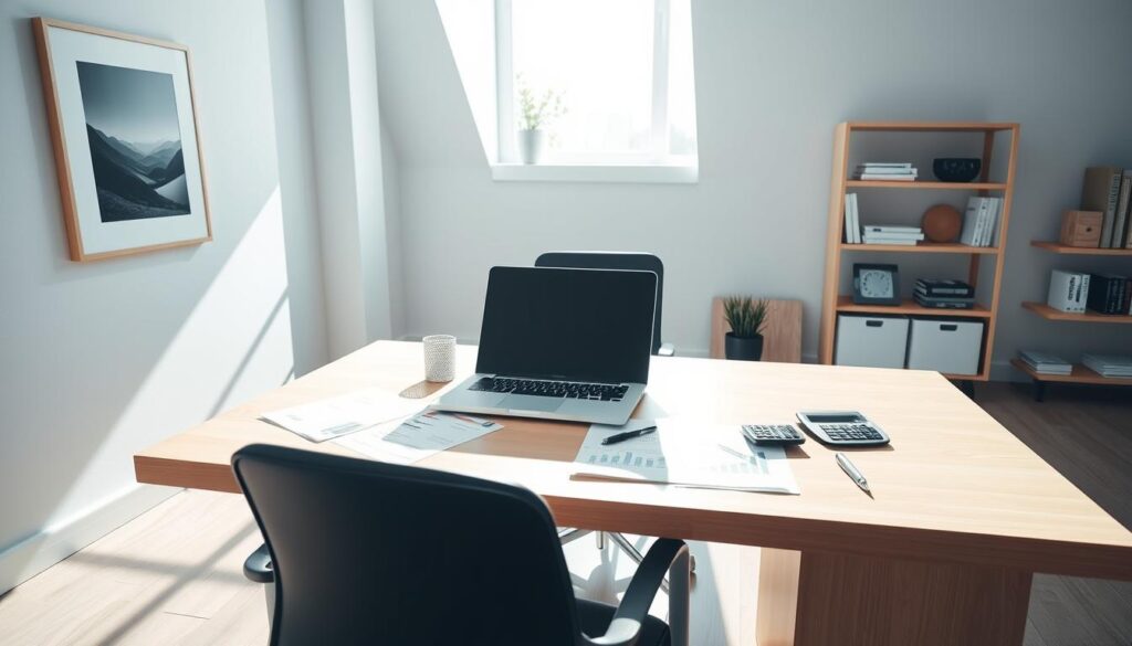 A sunny, modern office interior with a large desk, a comfortable chair, and a laptop computer prominently displayed. On the desk, there are various financial documents, a calculator, and a pen. The walls are adorned with minimalist artwork and shelves holding finance-related books. Soft, directional lighting illuminates the scene, casting subtle shadows and highlighting the details. The overall atmosphere is professional, organized, and focused on financial planning and investment strategies.