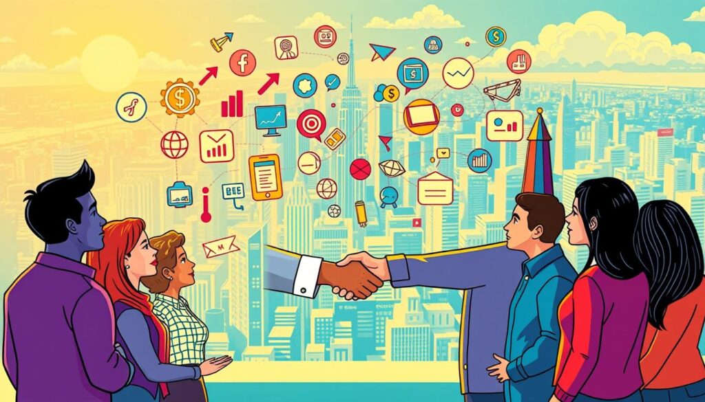 A vibrant, colorful illustration depicting the benefits of affiliate marketing collaboration. In the foreground, a group of diverse individuals shaking hands, symbolizing successful partnerships. In the middle ground, icons and graphics representing increased revenue, expanded reach, and shared expertise. The background features a dynamic cityscape, conveying the bustling, interconnected nature of the digital landscape. Warm, inviting lighting casts a sense of optimism, while a slightly elevated perspective provides an expansive, bird's-eye view of the collaborative opportunities. The overall atmosphere evokes a spirit of mutual growth, synergy, and the rewards of working together in the affiliate marketing space.