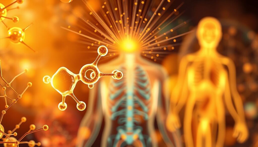 A vibrant, detailed illustration depicting the antioxidant action of vitamin C within the human body. In the foreground, a molecular structure of ascorbic acid glows with an ethereal, luminous quality, symbolizing its potent antioxidant properties. Surrounding it, a network of cells and tissues in warm, organic tones, representing the complex biological processes the vitamin influences. In the middle ground, cascading rays of light emanate from the molecular structure, illuminating the interplay between vitamin C and free radicals, visually conveying its protective and restorative effects. In the background, a soft, blurred landscape of human anatomy, suggesting the comprehensive, systemic benefits of this essential nutrient. The overall composition should evoke a sense of scientific elegance, natural harmony, and the vital role of vitamin C in human health and wellbeing.