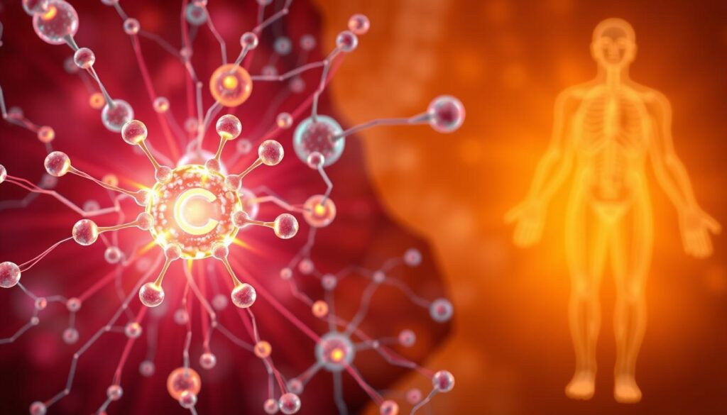 A vibrant, dynamic illustration showcasing the protective power of vitamin C against oxidative stress. In the foreground, a glowing, radiant vitamin C molecule shines like a beacon, surrounded by a halo of energetic electrons. In the middle ground, a network of cellular structures, including mitochondria and enzymes, are depicted in intricate detail, highlighting the processes of antioxidant defense. The background features a stylized, abstract representation of the human body, with a warm, earthy color palette suggesting the holistic, systemic benefits of vitamin C. The overall composition conveys a sense of balance, harmony, and the vital role of this essential nutrient in maintaining optimal health and wellbeing.