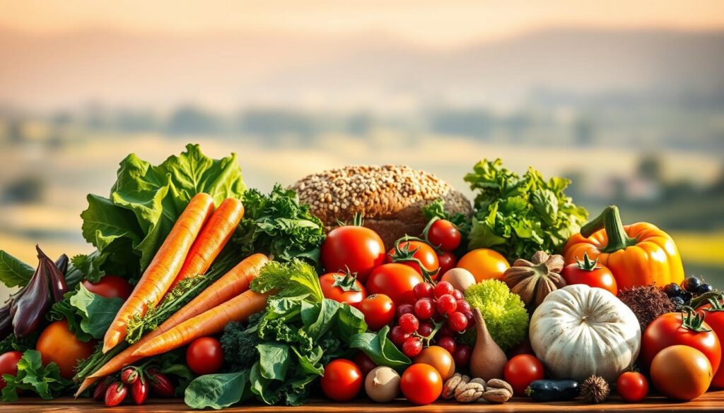 A vibrant still life centered on a variety of fresh, colorful fruits and vegetables, artfully arranged against a soft, natural backdrop. The produce is lit by warm, directional lighting, casting gentle shadows and highlighting the rich textures and vibrant hues. In the foreground, a selection of leafy greens, crisp carrots, juicy tomatoes, and succulent berries are carefully placed, conveying a sense of abundance and vitality. In the middle ground, a few whole foods, such as a whole grain loaf and a handful of nuts, reinforce the theme of healthy, wholesome nutrition. The background features a serene, out-of-focus landscape, evoking a peaceful, pastoral setting. The overall composition and color palette exude a sense of balance, wellness, and the inherent benefits of a nutritious, plant-based diet.