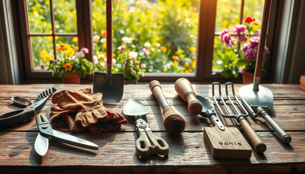 A vibrant still life shot of an array of high-quality gardening tools arranged on a rustic wooden table. The foreground features a selection of pruning shears, gardening gloves, and hand trowels in earthy tones. The middle ground showcases larger tools like a spade, rake, and pitchfork, casting soft shadows on the tabletop. In the background, a lush, verdant garden scene with blooming flowers and plants can be seen through a large window, bathed in warm, natural lighting. The overall composition conveys a sense of craftsmanship, functionality, and a connection to the natural world.