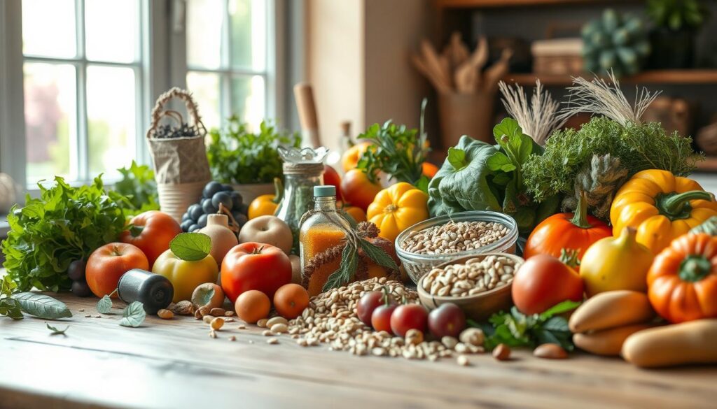 A vibrant still life showcasing an array of natural seasonal produce. In the foreground, a variety of fresh fruits and vegetables are artfully arranged on a wooden table, their colors and textures creating a visually captivating display. The middle ground features a selection of locally sourced grains, herbs, and nuts, complementing the produce. In the background, a softly lit window allows natural light to pour in, casting a warm glow over the scene and emphasizing the organic, wholesome nature of the ingredients. The composition is carefully balanced, with each element contributing to a harmonious, inviting representation of the best that nature has to offer during the current season.