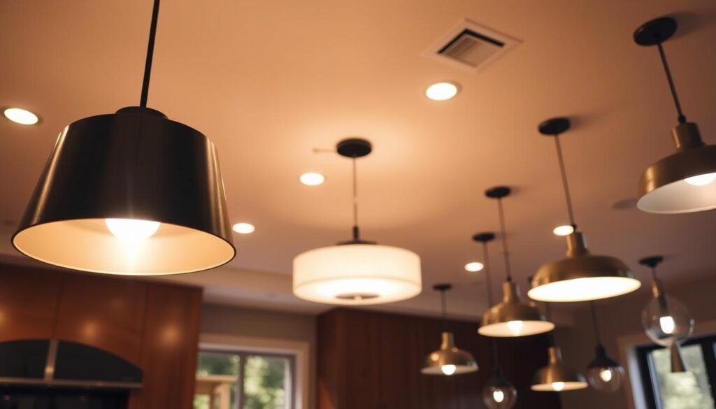 A warm, cozy kitchen setting with an array of stylish, pendant and recessed ceiling lamps. The foreground features a sleek, minimalist pendant lamp with a brushed metal finish, casting a soft, ambient glow over a wooden kitchen island. In the middle ground, several flush-mounted, recessed ceiling lights illuminate the space, providing ample task lighting for food preparation. The background showcases a mix of classic and modern pendant lamps in various shapes and sizes, creating a harmonious, layered lighting scheme. The overall scene conveys a sense of elegant functionality, with the lighting seamlessly integrated into the kitchen's design.