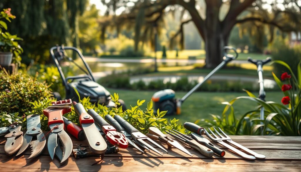 A well-lit, detailed garden scene showcasing an assortment of high-quality gardening tools. In the foreground, various hand tools such as pruners, trowels, and garden forks are neatly arranged on a wooden surface, their metal components gleaming under the soft, warm lighting. In the middle ground, a set of larger power tools, including a lawnmower and a hedge trimmer, are positioned amidst lush, verdant foliage. The background features a tranquil, sun-dappled landscape, with towering trees and a serene pond reflecting the natural surroundings. The overall composition conveys a sense of organization, functionality, and a deep appreciation for the tools that enable the cultivation and maintenance of a thriving garden.