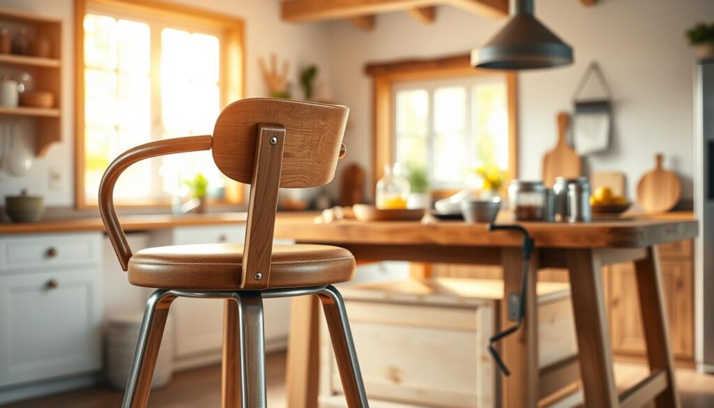 A well-lit, inviting kitchen scene featuring an elegant, sturdy wooden bar stool or "hokery barowe" in the foreground. The stool has a comfortable, padded seat and a subtly curved backrest, with a sleek, polished metal frame. In the middle ground, a rustic wooden table or countertop, where various kitchen utensils and ingredients are arranged, creating a sense of a functional, yet aesthetically pleasing space. The background showcases warm, natural lighting filtering through large windows, casting a cozy, inviting glow throughout the room. The overall atmosphere conveys a harmonious blend of modern and traditional design elements, capturing the essence of a welcoming, practical kitchen environment.