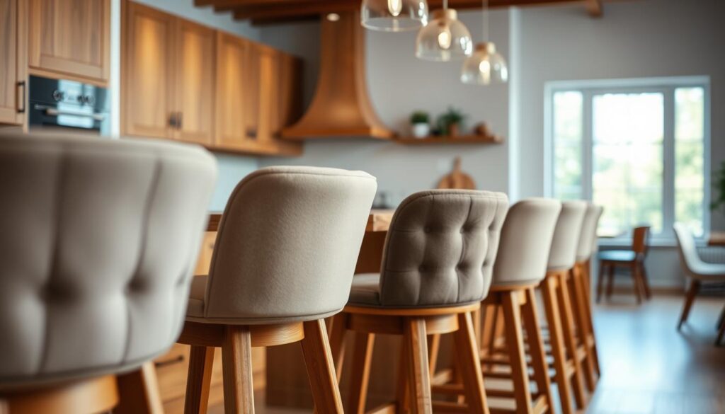 A well-lit kitchen interior with a focus on a collection of barstools (hokery) in the foreground. The stools feature a mix of warm wood tones and plush, tufted upholstery in neutral hues, creating a sophisticated and inviting atmosphere. The middle ground showcases a minimalist, wooden kitchen counter and cabinets, while the background fades into a softly blurred, natural setting, perhaps with a glimpse of a window or natural light source. The overall composition emphasizes the tactile, high-quality craftsmanship and timeless aesthetic of the barstools, capturing their essential role in complementing the kitchen space.