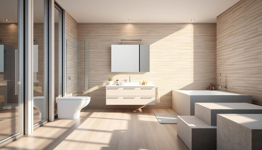 A well-lit, spacious bathroom interior with a modern, minimalist design. In the foreground, various high-quality bathroom tiles in muted colors and sleek finishes are displayed, reflecting the natural light from large windows. The middle ground features a contemporary vanity unit with a modern sink and faucet, along with a stylish mirrored cabinet. In the background, a seamless, tiled wall with recessed lighting creates a warm, inviting ambiance. The overall composition showcases a harmonious blend of materials, textures, and functional elements, reflecting the thoughtful selection of bathroom fixtures and finishes.