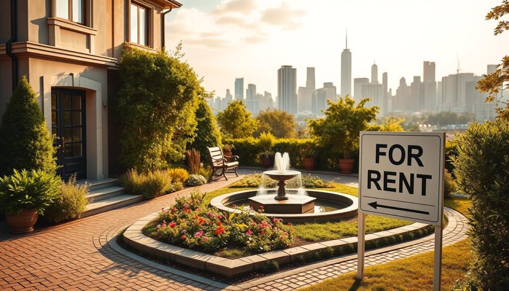 An elegant townhouse with a modern facade, surrounded by lush greenery and cobblestone pathways. In the foreground, a "For Rent" sign stands prominently, inviting prospective tenants. The middle ground showcases a well-manicured garden, with blooming flowers and a tranquil water feature. In the background, the skyline of a thriving city serves as a backdrop, hinting at the prime location and investment potential of this property. Warm, natural lighting bathes the scene, creating a welcoming and inviting atmosphere. The image conveys a sense of opportunity, stability, and the strategic approach to successful real estate investments.