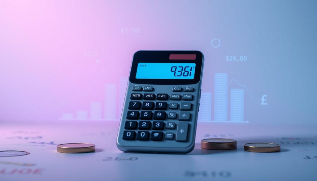 Detailed financial calculation interface in a modern, minimalist style. A calculator with a prominent display sits in the foreground, surrounded by currency icons and graphical representations of exchange rates. The background features a clean, gradient-based color scheme, emphasizing the digital, technological nature of the scene. Subtle lighting creates depth and highlights the key elements, guiding the viewer's attention to the central calculator. The overall mood is one of efficiency, utility, and seamless financial management.