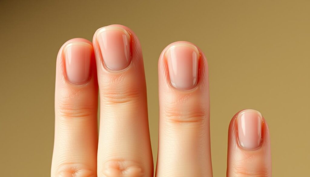 Detailed high-resolution close-up of well-manicured, healthy human fingernails. Evenly shaped, smooth, and lustrous nails with a natural pinkish hue. Cuticles are neatly groomed, and the nails are free of any discoloration, ridges, or other imperfections. The lighting is soft and diffused, creating a warm, inviting atmosphere that highlights the inherent beauty and strength of the nails. The image captures the fingertips from a slightly high angle, emphasizing the elegant, well-kept appearance of the nails in a serene, minimalist setting.