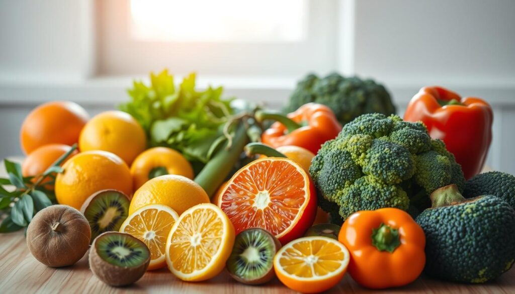 Vibrant close-up image of various vitamin C rich fruits and vegetables on a light wooden table, including oranges, lemons, kiwis, bell peppers, and broccoli florets. Soft natural lighting from a window casts a warm glow, highlighting the vivid colors and textures. The composition is balanced, with the produce arranged in an organic, eye-catching manner. The overall mood is healthy, fresh, and inviting, conveying the importance of vitamin C in preventative healthcare.